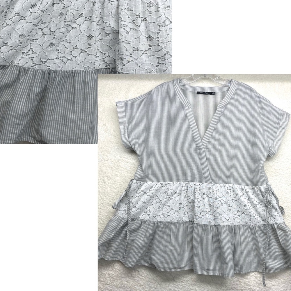 Doe & Rae Top- Gray & White Ticking Stripe With Lace - Size Large